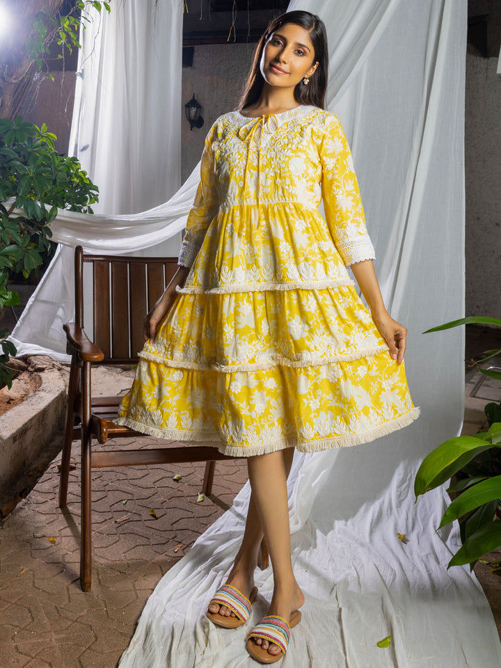 Floral Printed &amp; Embroidered Cotton Dress