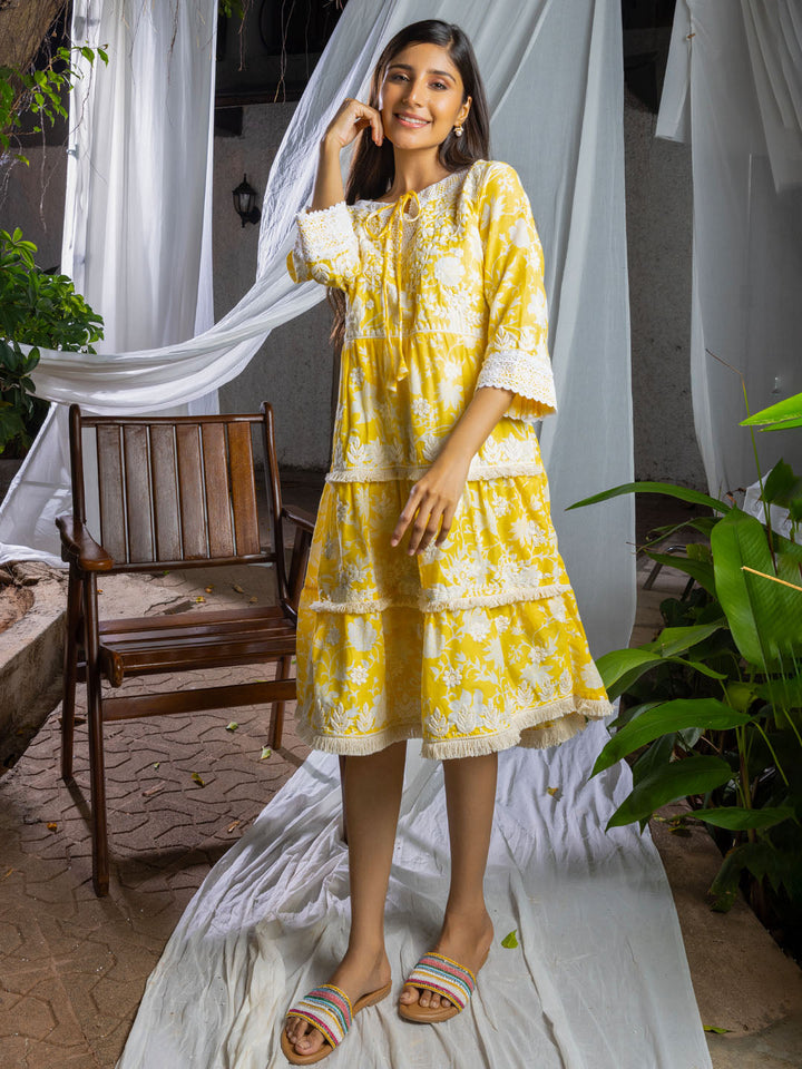 Floral Printed &amp; Embroidered Cotton Dress