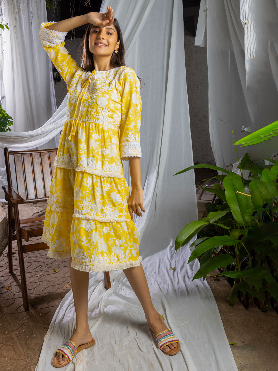 Floral Printed &amp; Embroidered Cotton Dress