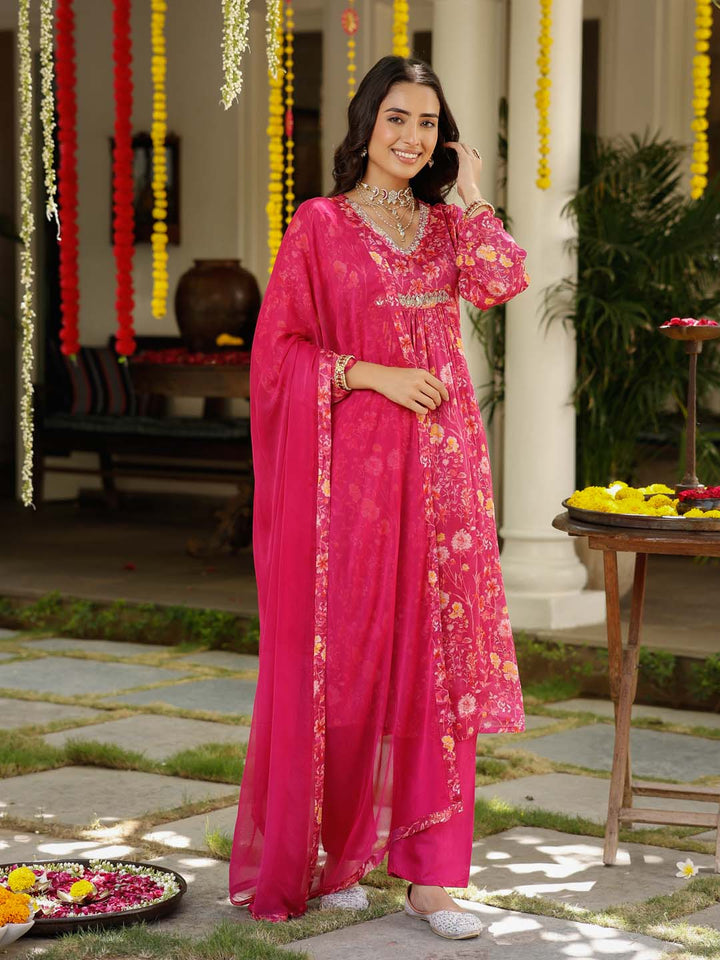Floral Printed Cotton Kurta With Pants &amp; Dupatta