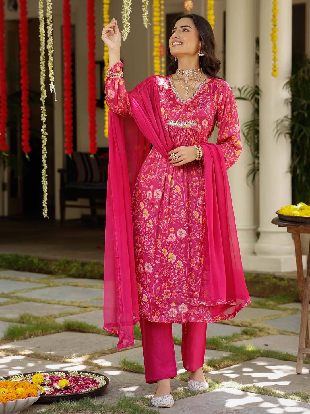 Floral Printed Cotton Kurta With Pants &amp; Dupatta