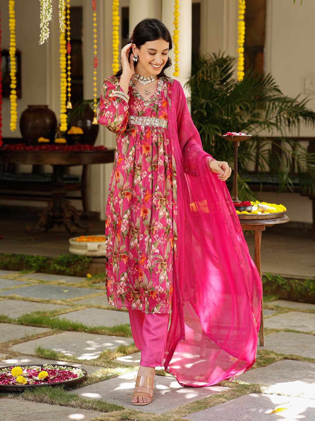 Floral Printed Cotton Kurta With Pants &amp; Dupatta