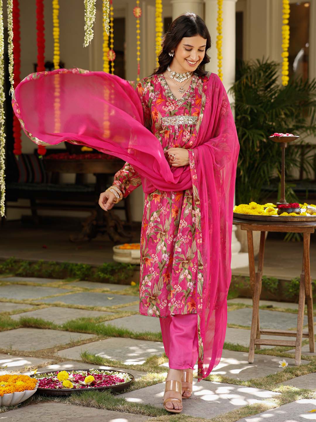 Floral Printed Cotton Kurta With Pants &amp; Dupatta