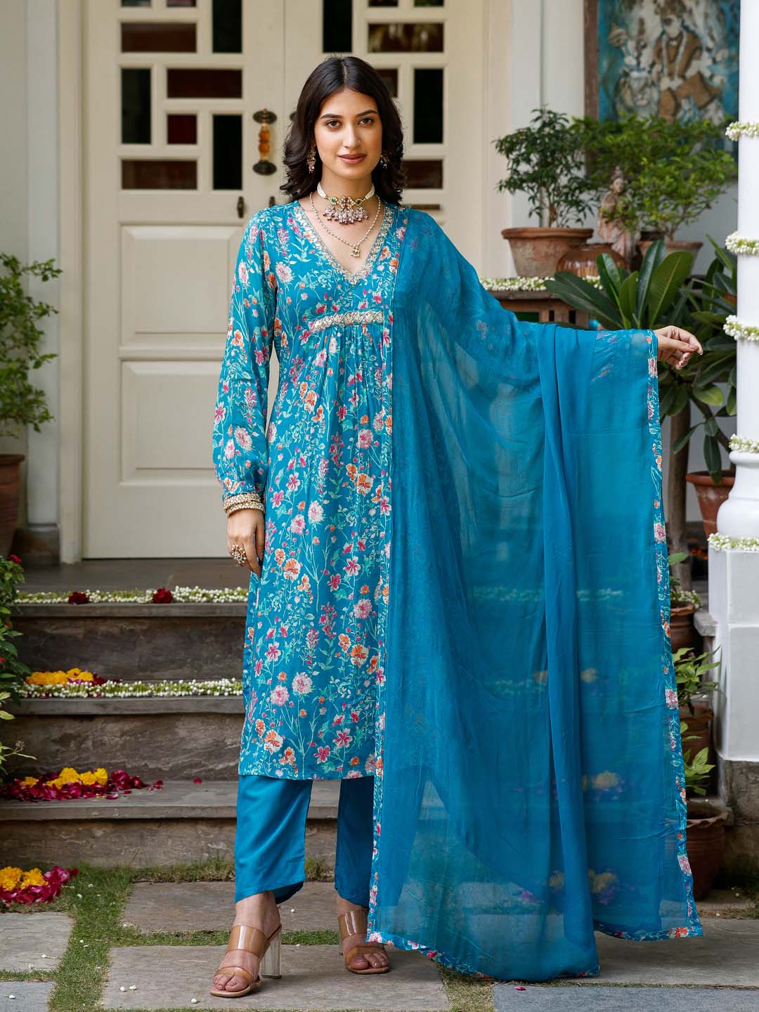 Floral Printed Cotton Kurta With Pants &amp; Dupatta