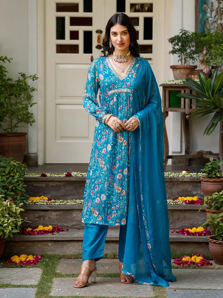 Floral Printed Cotton Kurta With Pants &amp; Dupatta