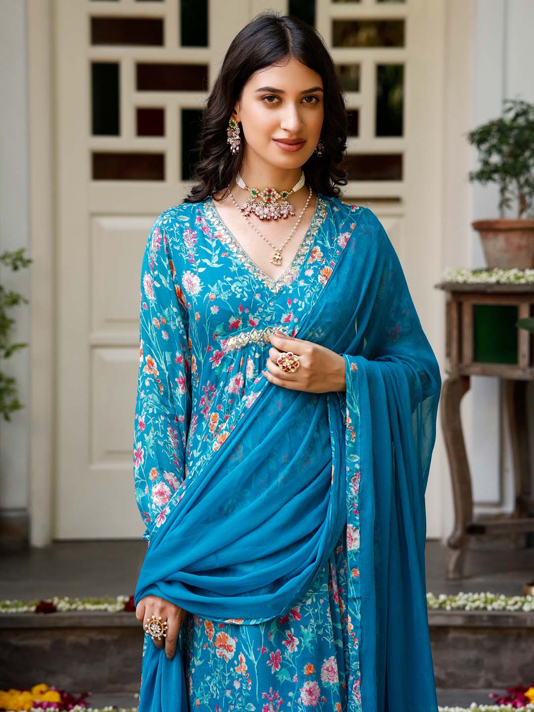 Floral Printed Cotton Kurta With Pants &amp; Dupatta
