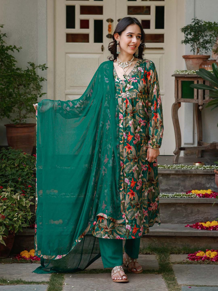 Floral Printed Cotton Kurta With Pants &amp; Dupatta