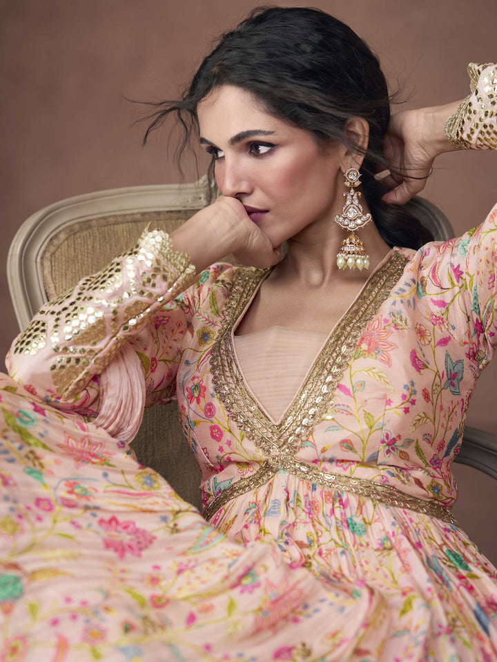 Floral Printed Organza Suit Set With Dupatta &amp; Churidar