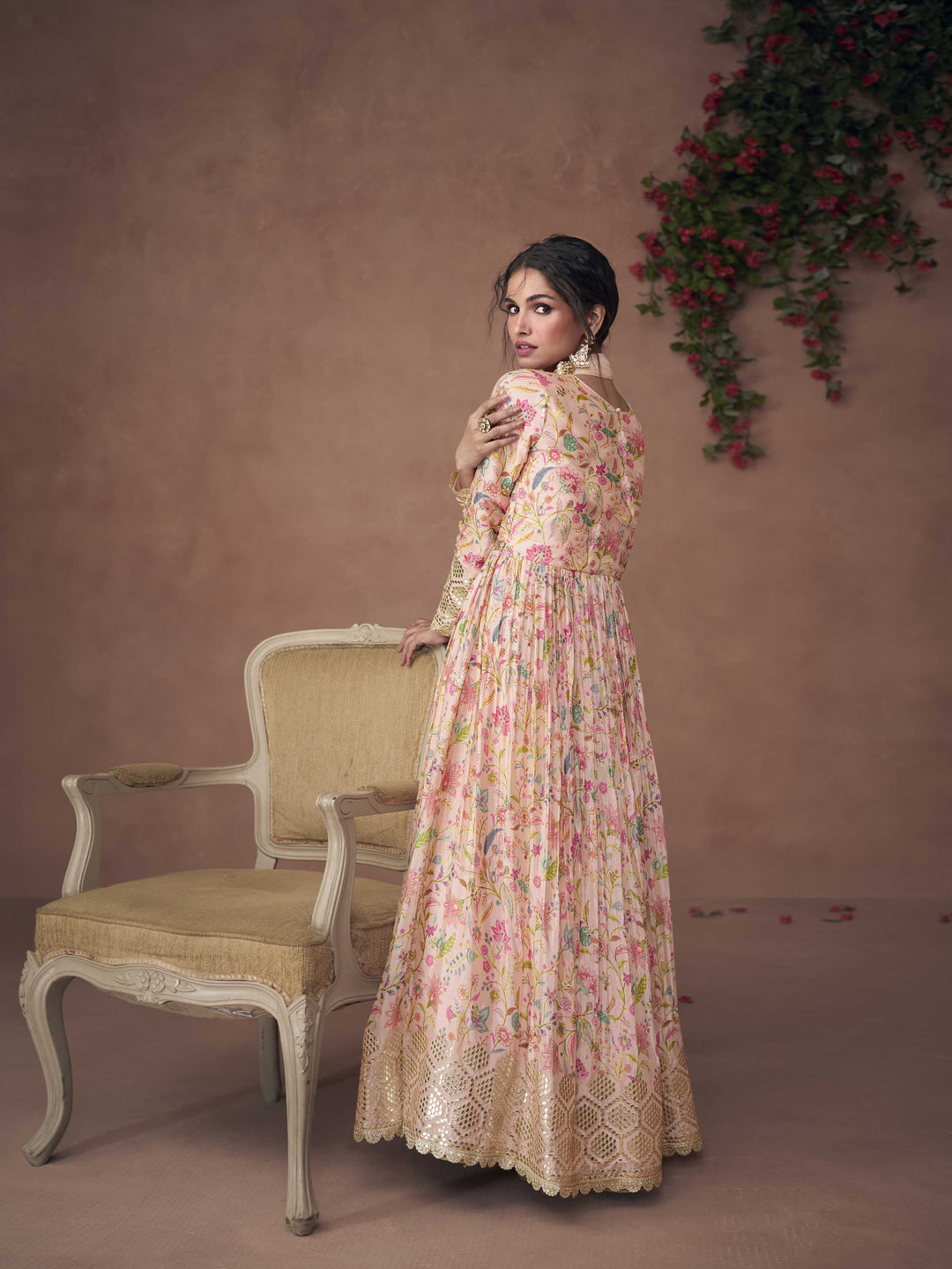 Floral Printed Organza Suit Set With Dupatta &amp; Churidar