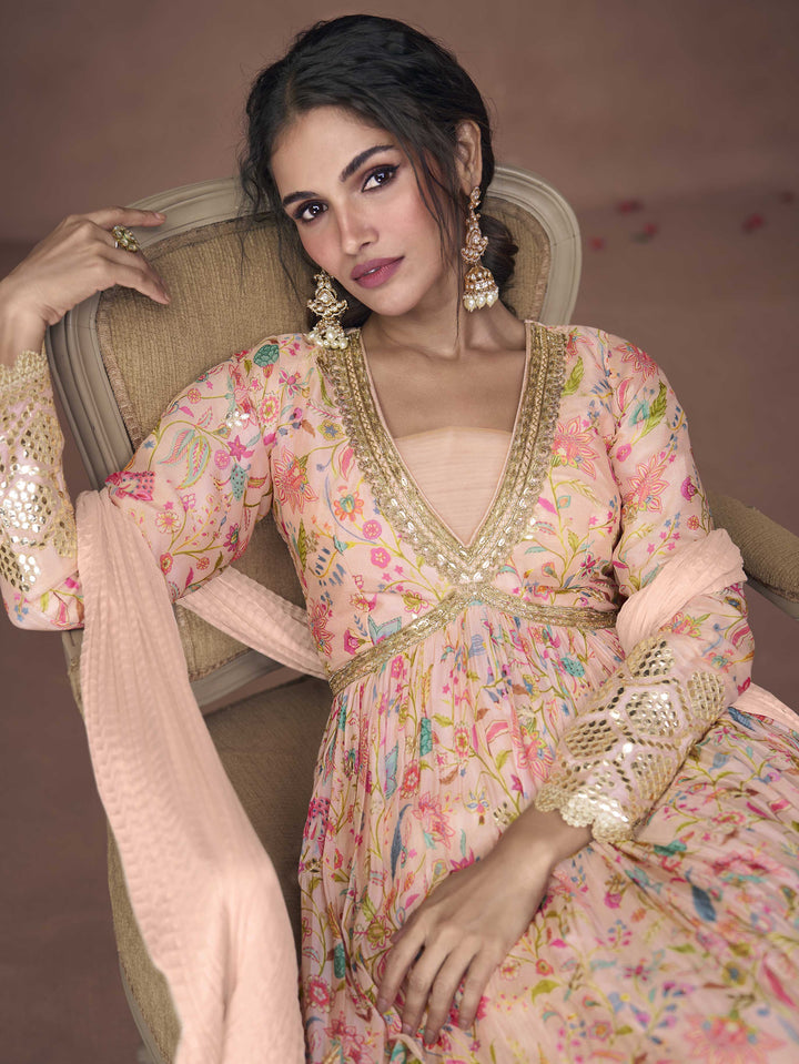 Floral Printed Organza Suit Set With Dupatta &amp; Churidar