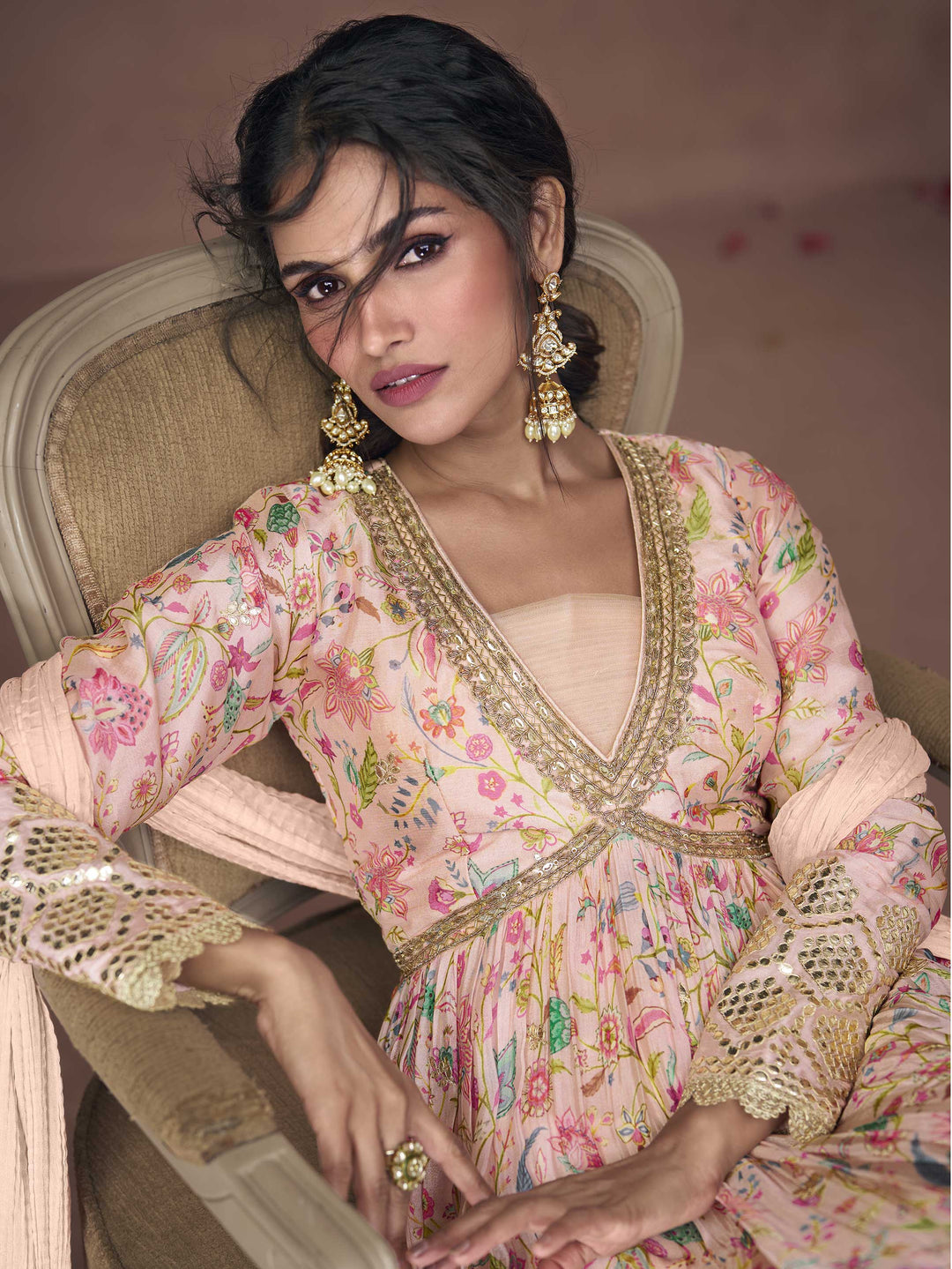 Floral Printed Organza Suit Set With Dupatta &amp; Churidar