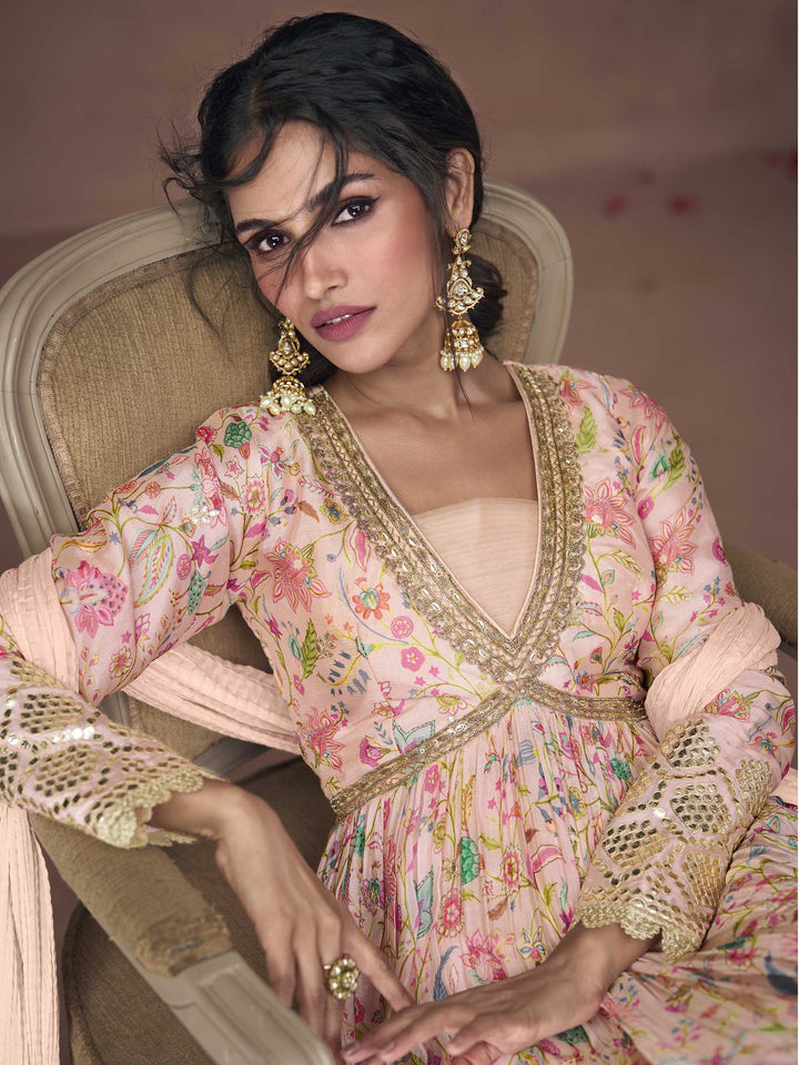 Floral Printed Organza Suit Set With Dupatta &amp; Churidar