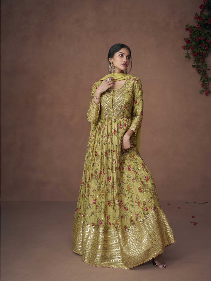 Floral Printed Organza Suit Set With Dupatta &amp; Churidar
