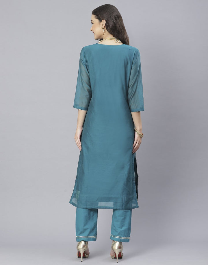 Lake Blue and Maroon Cotton Chanderi Salwar Kameez