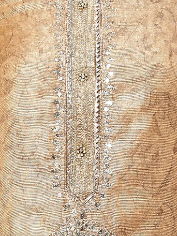 Neck Embroidered &amp; Printed Chanderi Unstitched Suit Piece With Dupatta