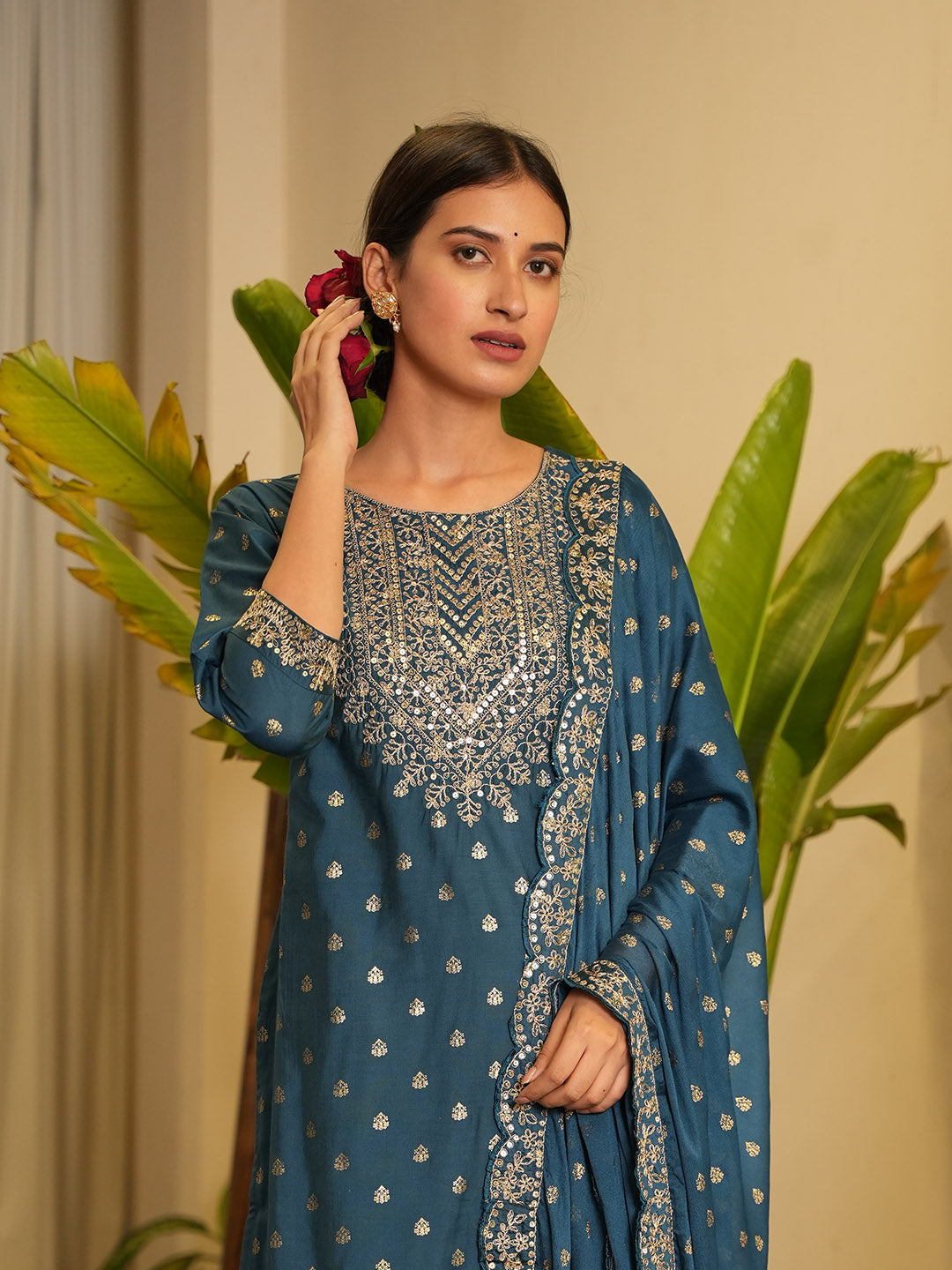 Neck Embroidered Chanderi Kurta With Garara &amp; Dupatta