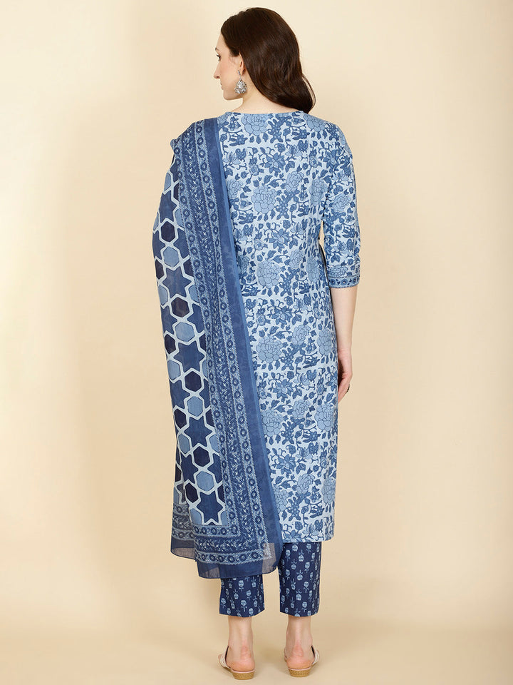 Floral Printed Cotton Suit Set with Dupatta