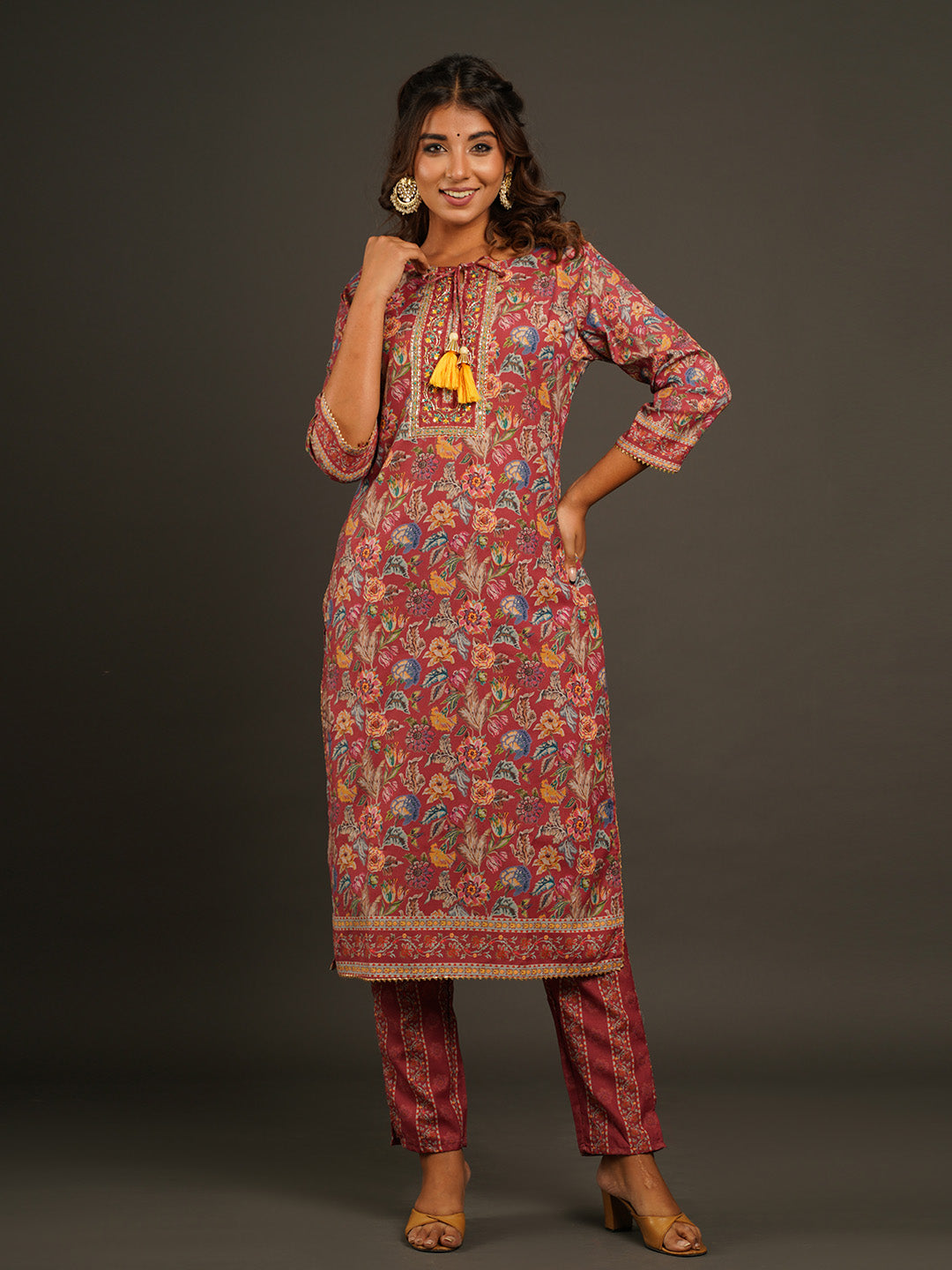 Floral Printed Muslin Kurta With Pants &amp; Dupatta
