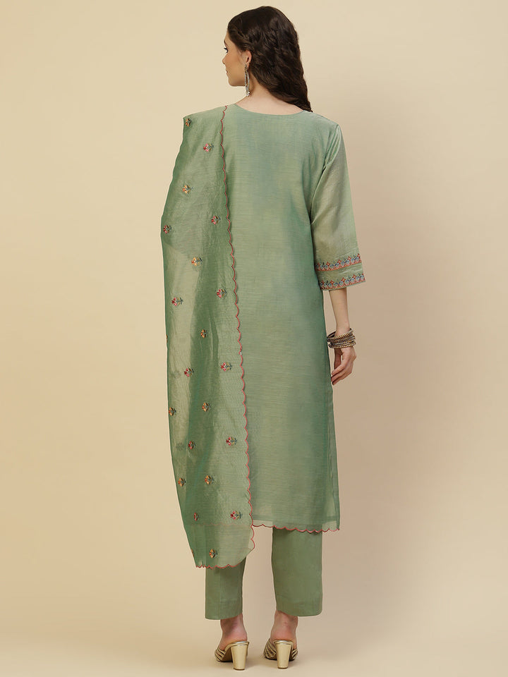Floral Resham Booti Cotton Kurta With Pants &amp; Dupatta