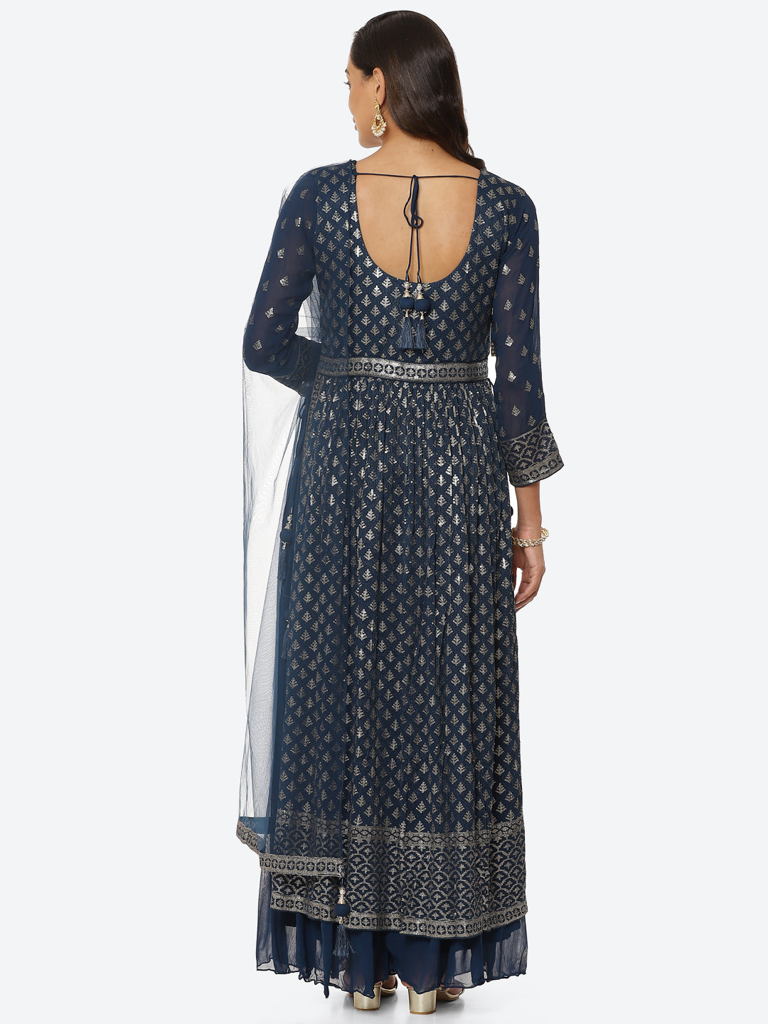 Resham Sequin Booti Georgette Kurta With Palazzo &amp; Dupatta