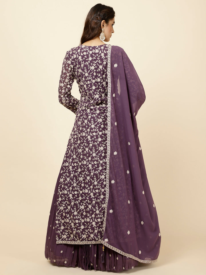 Embroidered Georgette Kurta With Skirt &amp; Dupatta