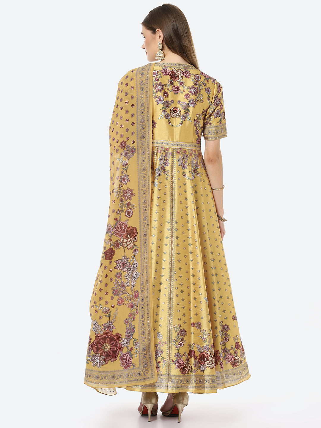 Digital Floral Printed Anarkali Kurta With Churidar &amp; Georgette Dupatta