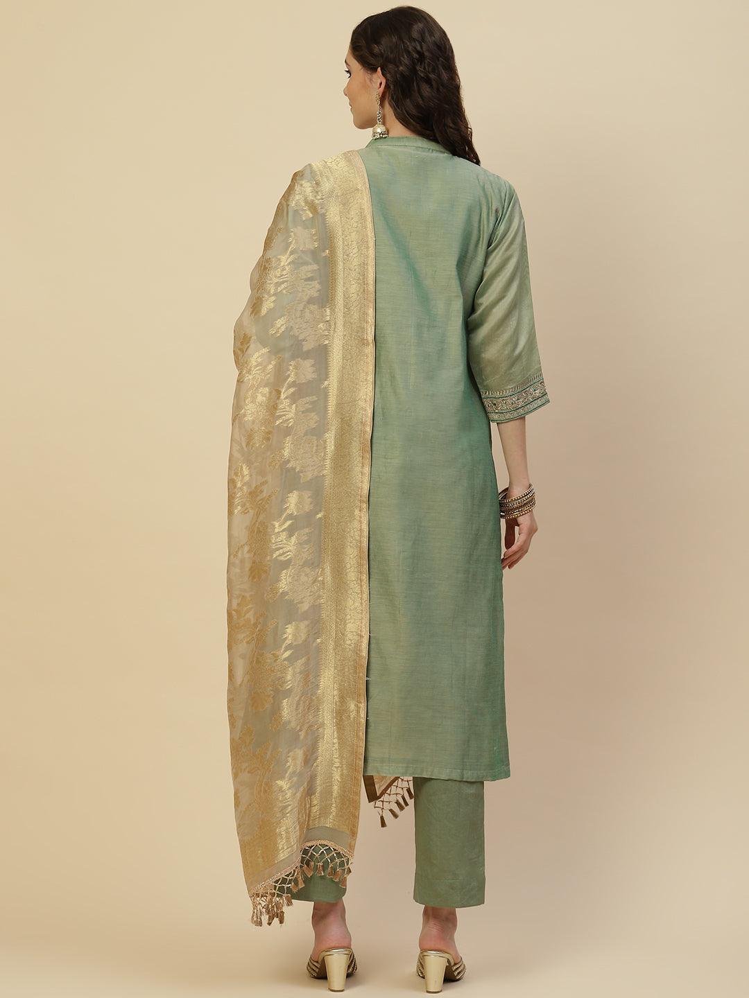 Zari Booti Cotton Kurta With Pants &amp; Dupatta