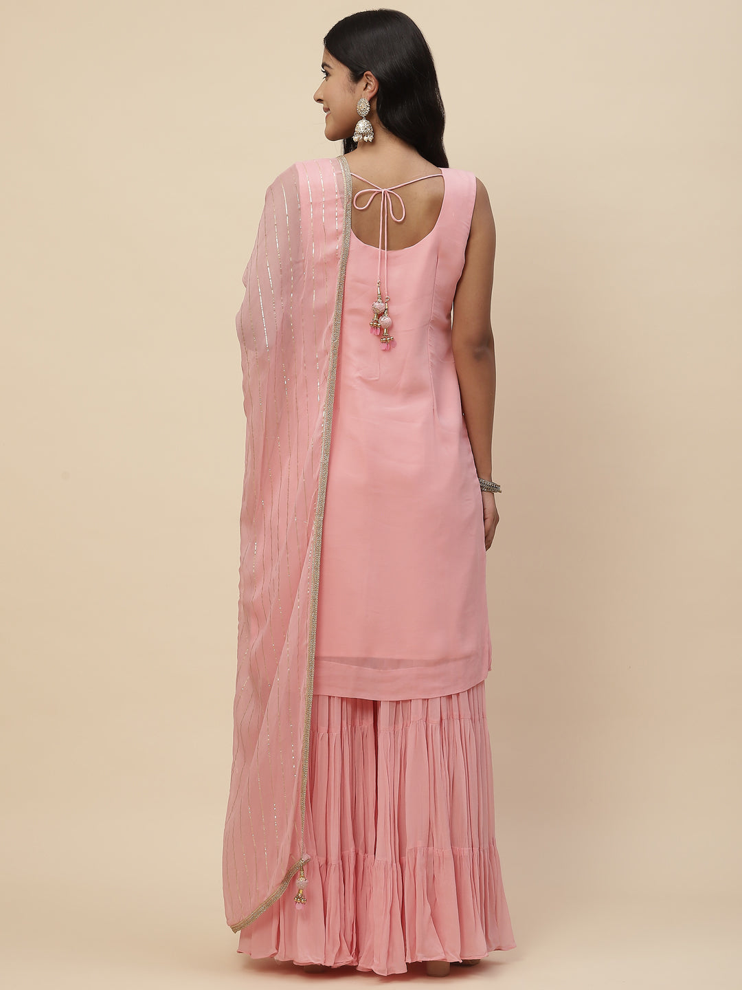 Sequin Embroidered Georgette Kurta With Sharara &amp; Dupatta