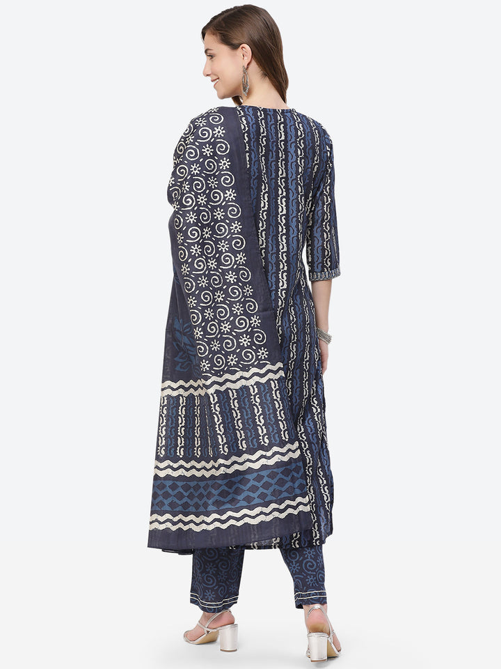 Printed Cotton Kurti With Pant And Printed Dupatta