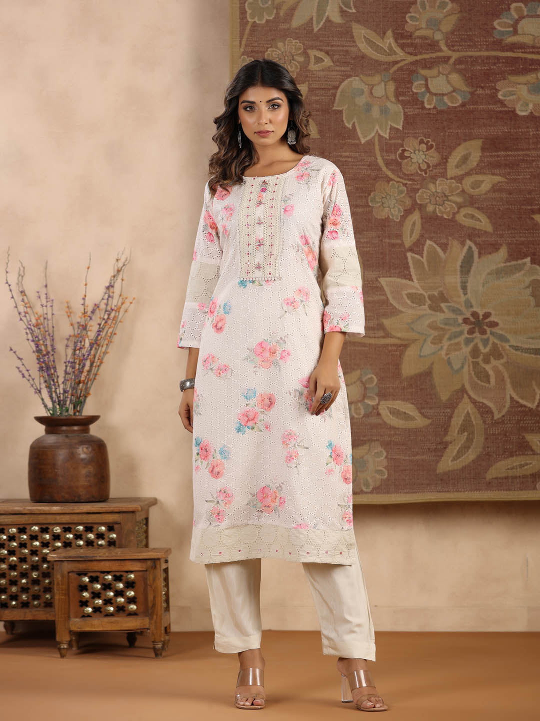 Printed Cotton Kurta With Pants &amp; Dupatta