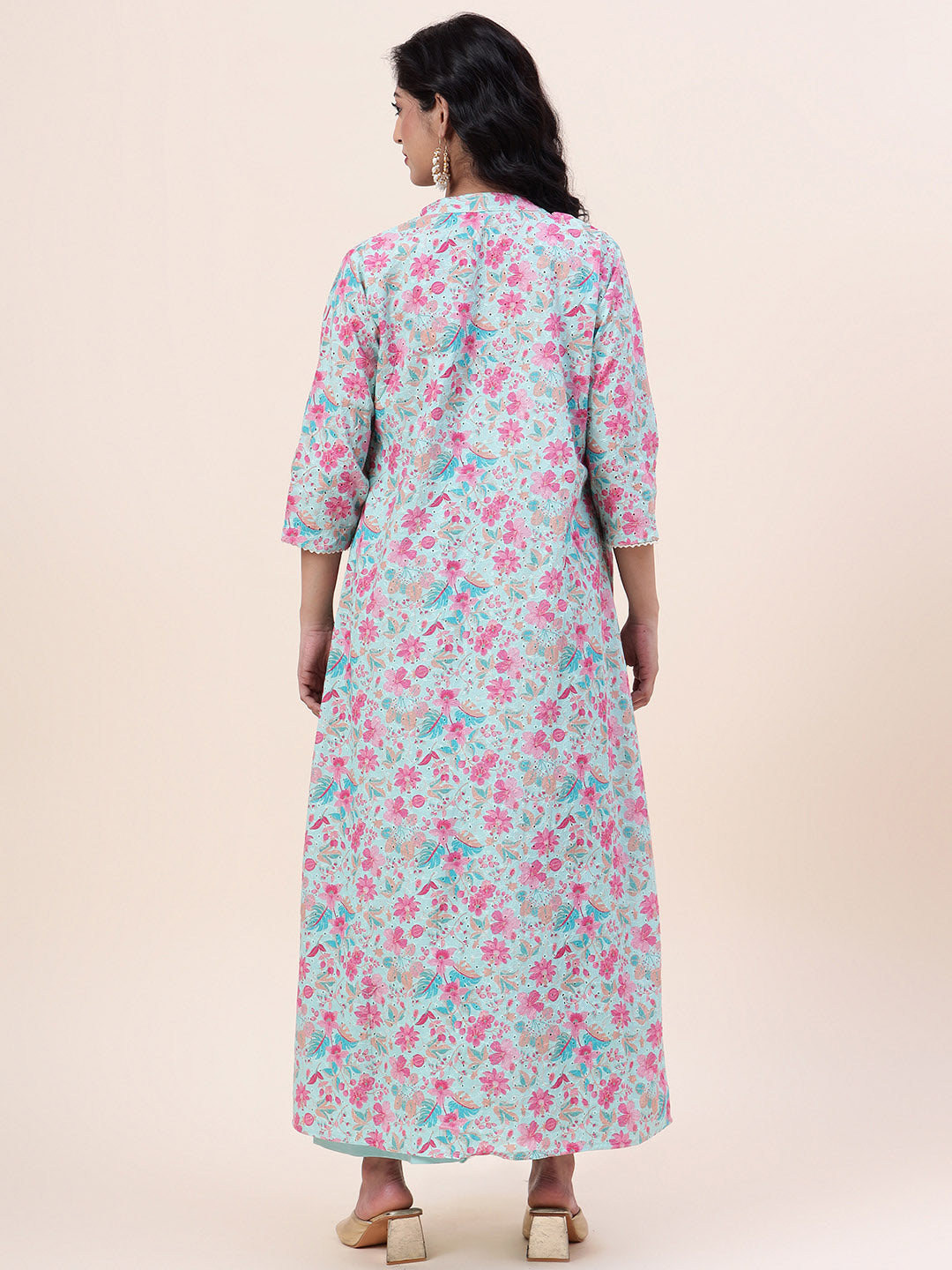 Floral Printed Cotton Gown With Jacket