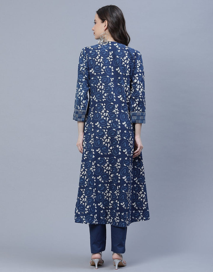 Indigo Cotton Printed A-Line Kurti