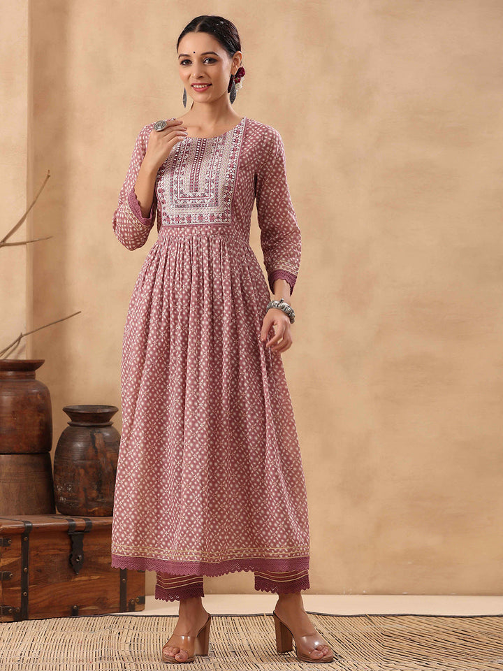 Block Printed Cotton Kurta With Pants &amp; Dupatta