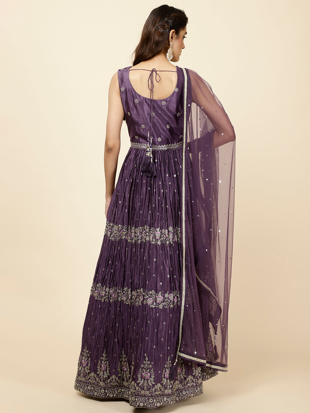 Resham Embroidered Crepe Kurta With Churidar &amp; Dupatta