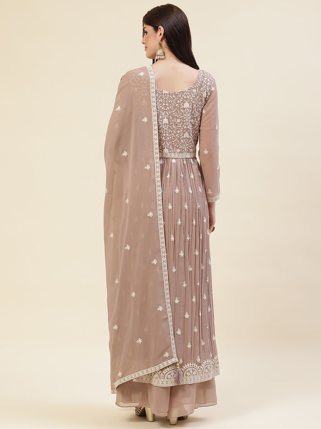 Resham Embroidered Booti Georgette Kurta With Palazzo &amp; Dupatta