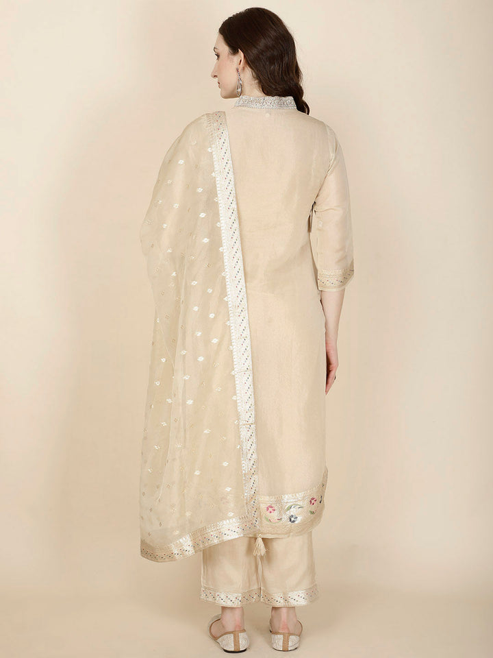 Floral Woven Tissue Kurta With Pants &amp; Dupatta