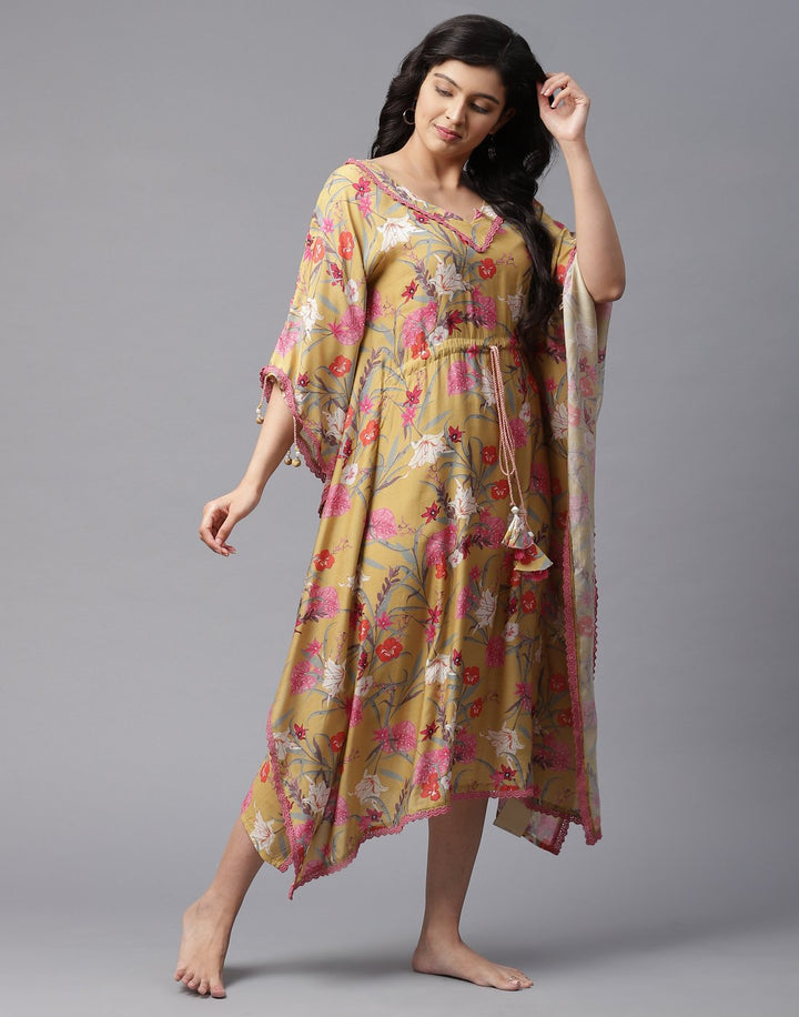 Floral Print Kaftan with Lace Detail