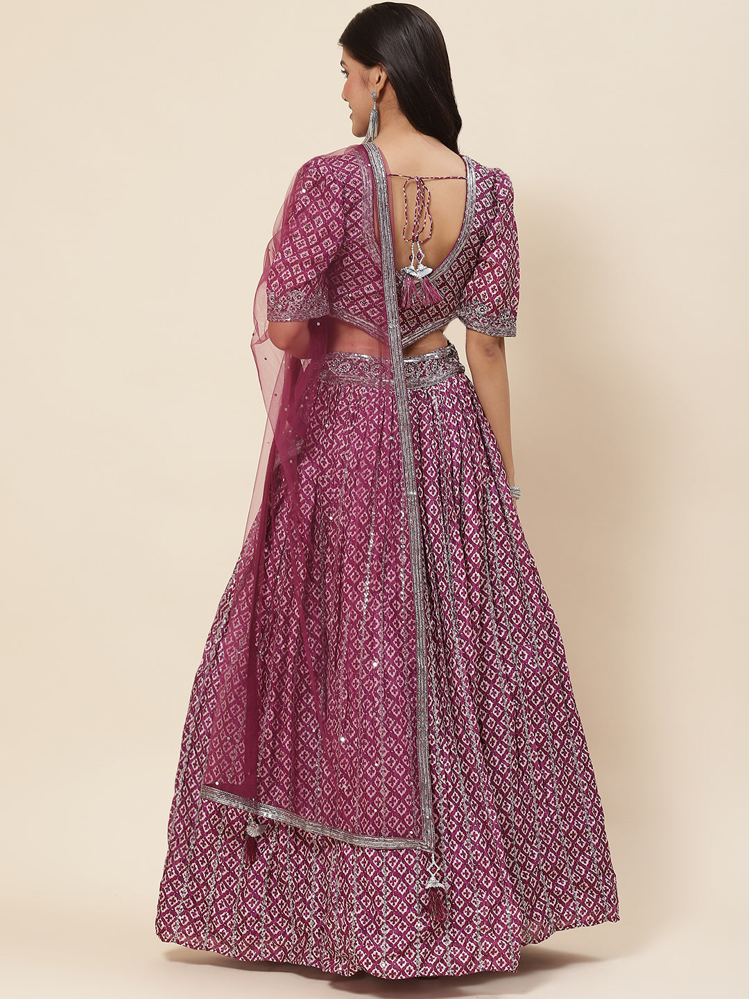 Printed Sequin Embroidered Crepe Choli With Lehenga &amp; Net Dupatta