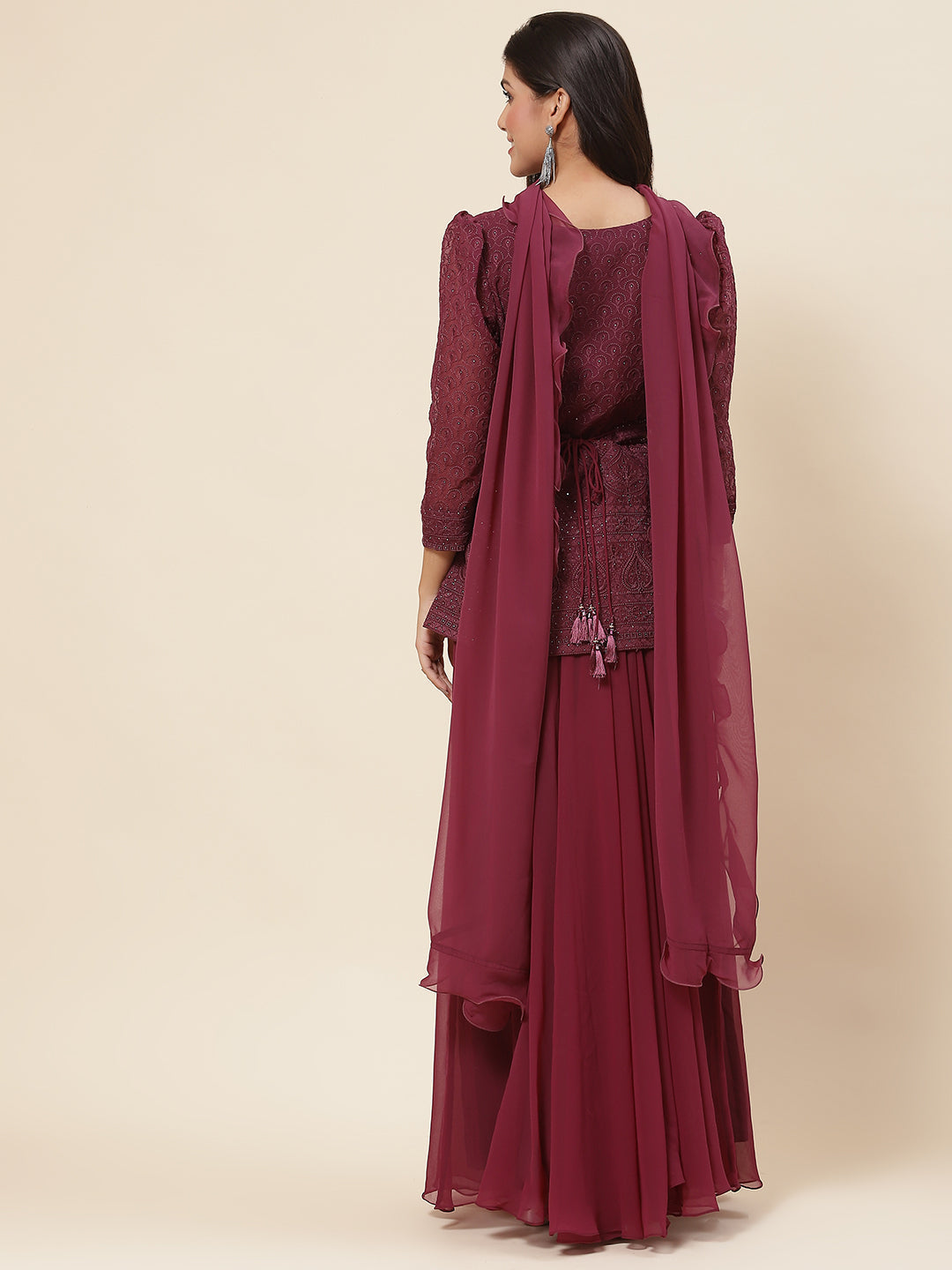 Resham Embroidered Georgette Kurti With Palazzo &amp; Dupatta