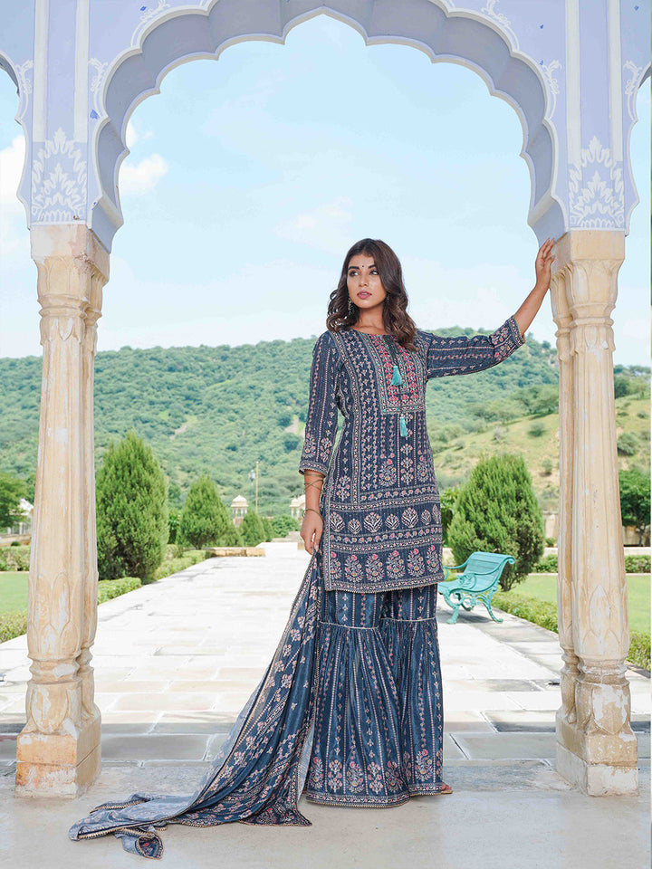 Floral Printed Crepe Kurta With Garara &amp; Silk Dupatta