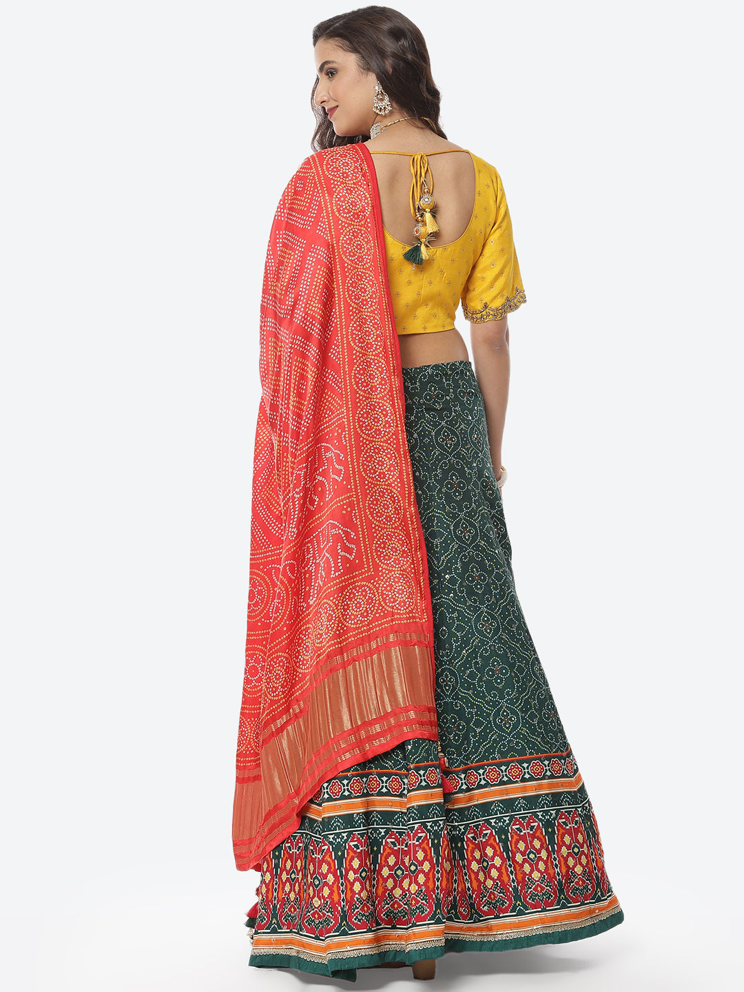 Printed Zari Neck Dupion Lehenga With Choli and Bandhani Printed Dupatta