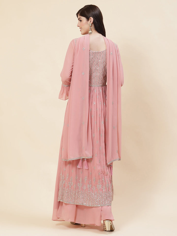 Zari Embroidered Booti Georgette Kurta With Palazzo &amp; Dupatta