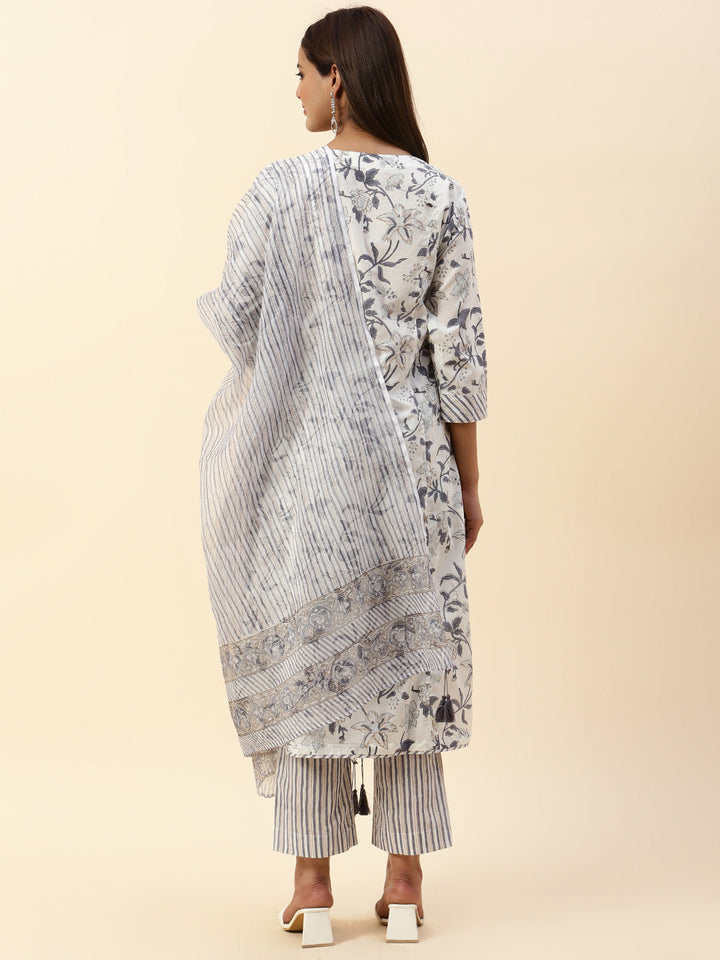 Floral Printed Cotton Kurta With Pants &amp; Dupatta