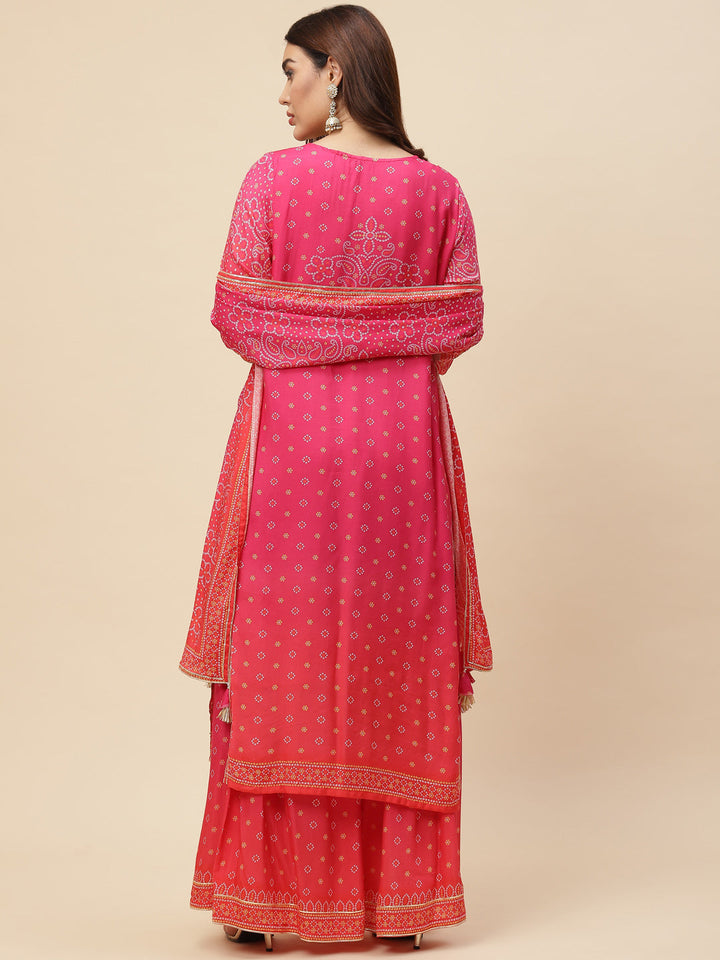Bandhani Printed Muslin Kurta With Sharara &amp; Dupatta