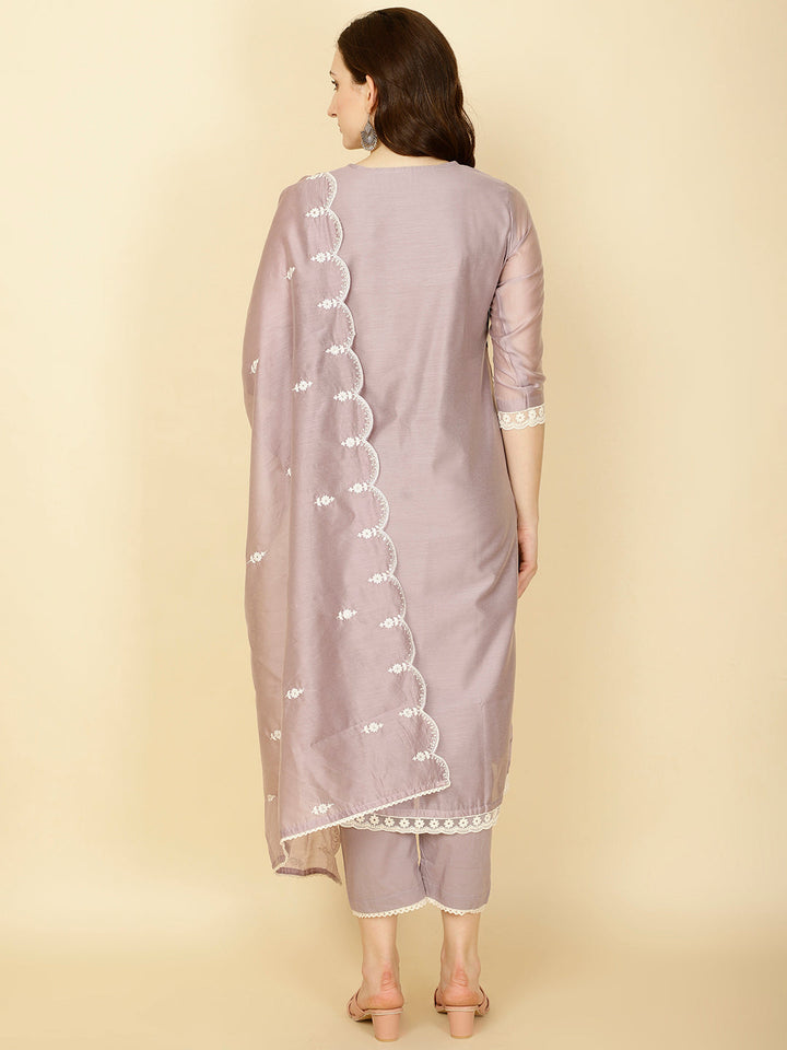 Floral Embroidery Chanderi Kurta With Pants &amp; Dupatta