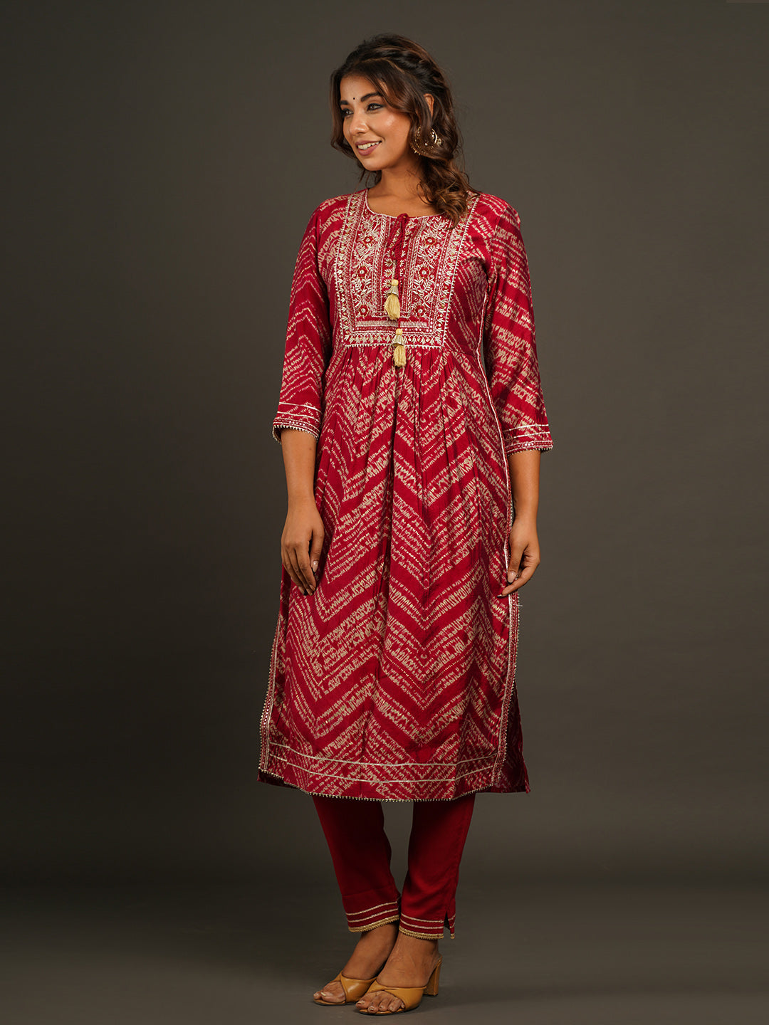 Neck Embroidered &amp; Printed Chanderi Kurta With Pants