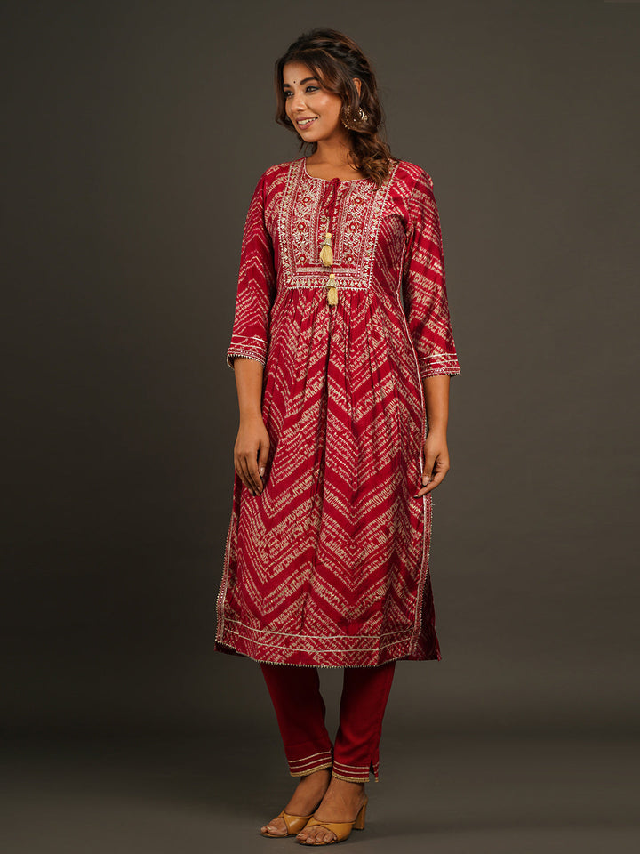 Neck Embroidered &amp; Printed Chanderi Kurta With Pants