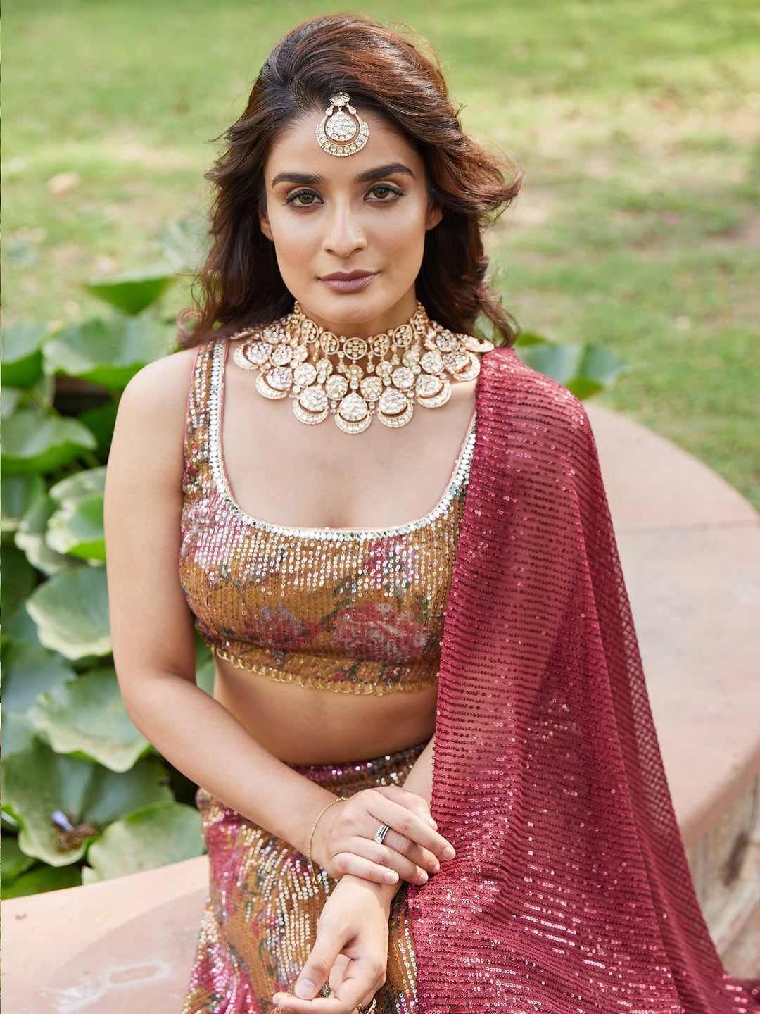 Floral Sequin Net Choli With Lehenga &amp; Net Dupatta