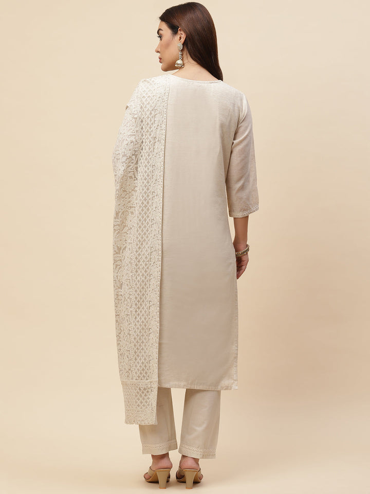 Resham Booti Chanderi Kurta With Pants &amp; Dupatta