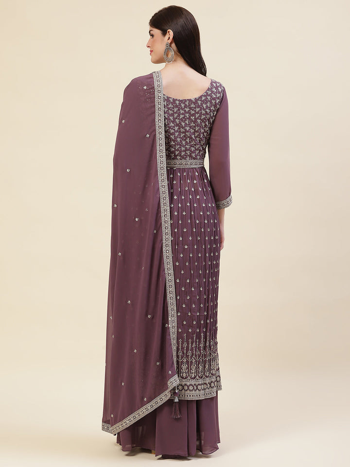 Zari Embroidered Booti Georgette Kurta With Palazzo &amp; Dupatta